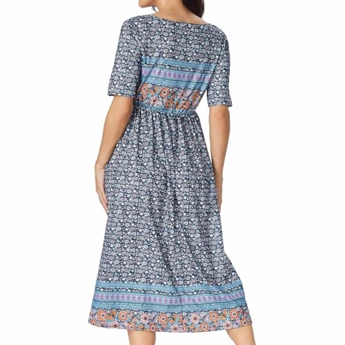 Women's Boho Floral Maxi Dress Casual Boho 2025 Summer Short Sleeve Beach Dresses with Pockets2
