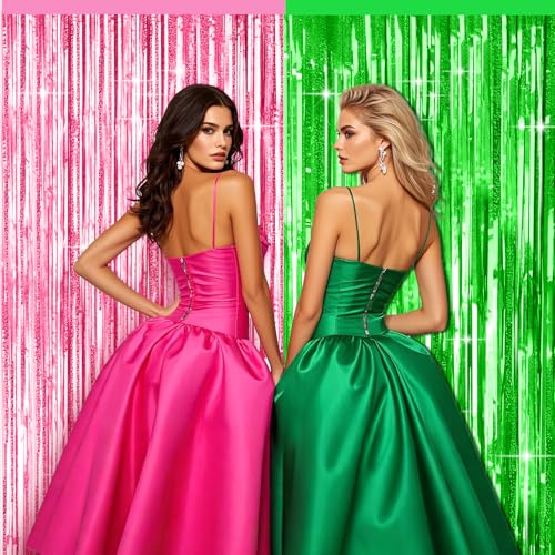 Image of 4 Packs Pink and Green Foil Fringe Curtain, Pink Green Metallic Tinsel Backdrop for Birthday, Baby Shower, Princess Bachelorette Party, Witch Party Decorations Supplies