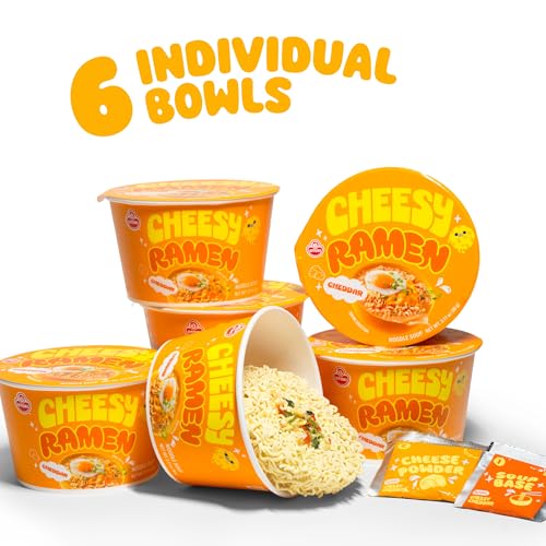 Image of Cheesy Ramen (Bowl) - Cheddar Flavor | Non-Spicy, Creamy & Savory Korean Instant Bowl Noodles, 3.17 oz (Pack of 6)