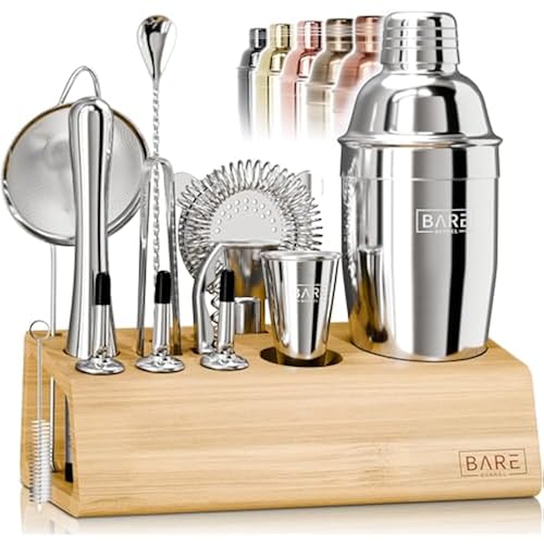 BARE BARREL® Mixology Bartender Kit Bar Set | 14-Piece Cocktail Shaker Set | Martini Barware Mixing Tools for Home Bartending | Incl. 35 Recipe Cards | Gift Set (24oz Cobbler Shaker, Silver/Natural)