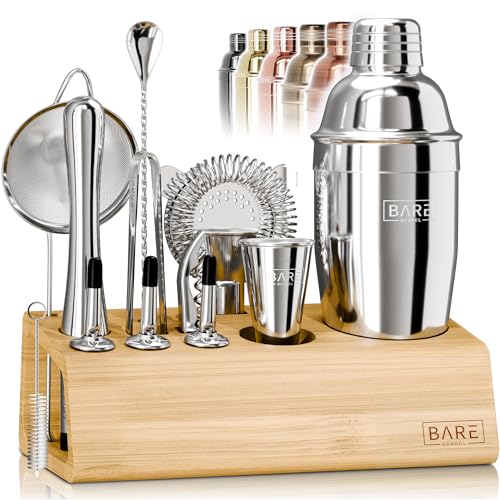 BARE BARREL® Mixology Bartender Kit Bar Set | 14-Piece Cocktail Shaker Set | Martini Barware Mixing Tools for Home Bartending | Incl. 35 Recipe Cards | Gift Set (24oz Cobbler Shaker, Silver/Natural)