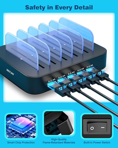Image of MSTJRY Charging Station for Multiple Devices : 5 Port Multi USB-A Charger Stations Multi-Device Organizer Charging Dock Designed for iPhone iPad Cell Phone Tablets (7 Short Cables Included), Black