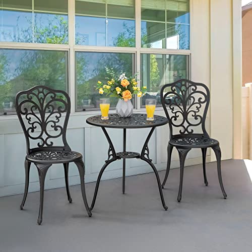NUU GARDEN Bistro Set 3 Piece Outdoor All Weather Cast Aluminum Patio Bistro Set Patio Table and Chairs Set of 2 with Umbrella Hole for Backyard, Balcony, Front Porch, Lawn, Black
