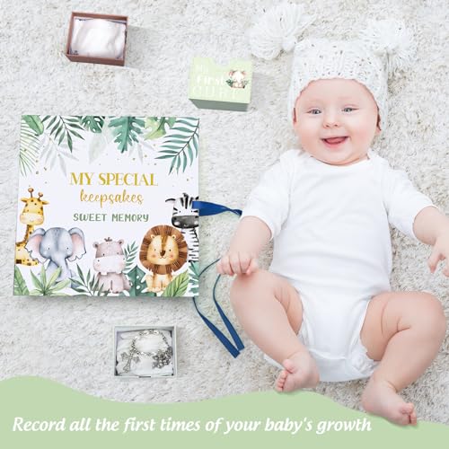 Beeveer Baby Keepsake Box Newborn Memory Organizer with 9 Labeled Compartments Baby\'s First Keepsake Book Keepsake Gift Box for Pregnancy Gender Neutral Baby Shower New Baby Maternity (Jungle Animal)