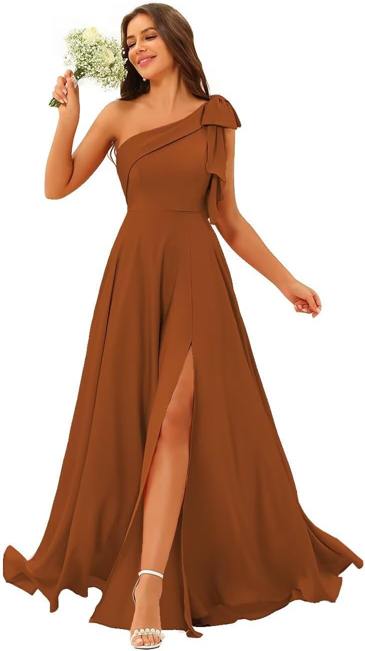 Women's One Shoulder Satin Bridesmaid Dresses with Bow Long A Line Formal Dress with Split AD038