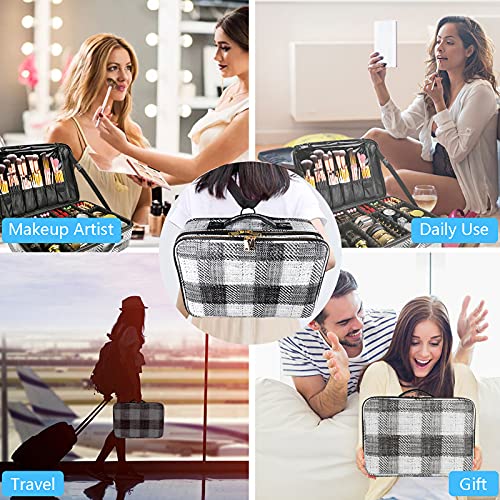 OEWOER PU Leather Large Makeup Bag 3 Layers Cosmetic Organizer Case Portable Artist Travel Make Up Storage Box with Shoulder Strap and Adjustable Dividers for Cosmetics Makeup Brushes Toiletry Accessories