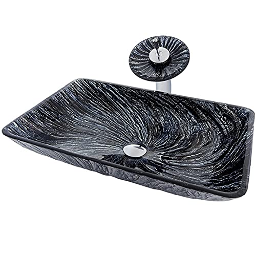 Lavabi da appoggio per Bagno, Set di lavandini da appoggio in Vetro temperato Artistico, lavandini da appoggio con Rubinetto Cromato, rettangolari-B