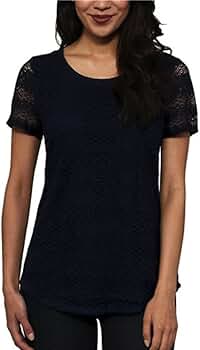 Tシャツ・カットソー [NICK&NICOLE] WRINKLE LACE LS TOP_2 color Leo and Nicole Ladies Lace Top Dark Blue XX-Large at Amazon