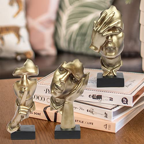 Prosfalt 3 Pcs Thinker Statue, Silence Is Gold Abstract Art Figurine, No Hear No See No Speak Modern Home Resin Sculptures Decorative Objects Decor For Home Office Bookshelf Desktop(Gold), A-41 #TOP1