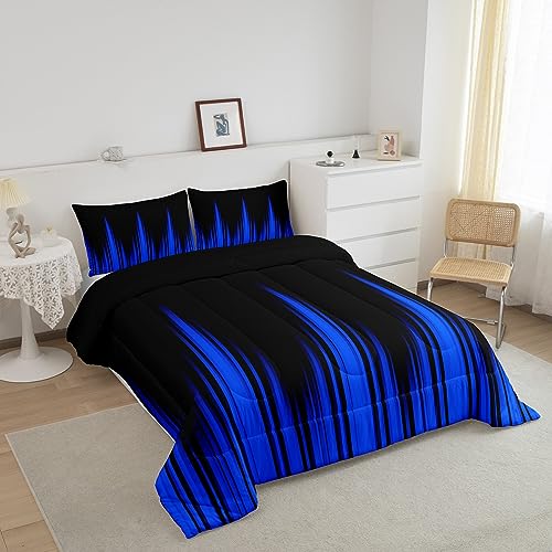 Image of Feelyou Blue Ombre Comforter Queen Size, Blue and Black Ombre Striped Comforter Set for Kids Boys Girls Abstract Duvet Set Room Decor Microfiber Bed Set