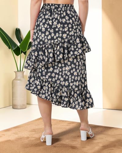 Image of OOMPH! Women Floral Printed Asymmetric Ruffled Midi Skirt | Elegant Flowy Fit | Mid-Rise | Lightweight & Breathable | Flared Hem | Summer Casual Skirt