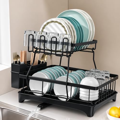 Image of HomeCloud 2-Tier Kitchen Dish Drying Rack & Drainer | Large Capacity Dish Stand with 360 Flexible Drainage System, Removable Drip Tray, Cutlery Holder & Cup Organizer for Countertop (Black)