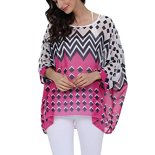 Image of Ckikiou Plus Size Batwing Flowy Semi Sheer Chiffon Blouse Tunic for Women Summer Floral Print Boho Beach Cover ups