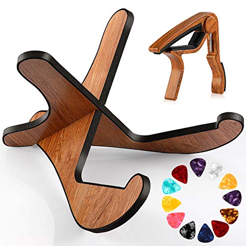 Wooden Guitar Stand with RoseWood Guitar Capo and Guitar Picks, X-Frame Style Portable String Instrument Holder with Soft Edge for Universal Acoustic Electric Classical Guitar Bass Banjo
