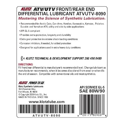 Klotz ATV UTV SXS 80W-90 Front & Rear End Differential Fluid Synthetic Klotz Oil Lubricant 32 Ounce | Side by Side Transmission Differential Gear Protection, Corrosion Inhibitor, Anti-Wear