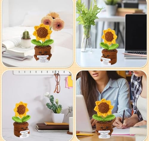 Image of VRB DecTM 1 Pcs Crochet Flowers Artificial Sunflower for Office Desk Car Dashboard Decor,Home Decoration, Office, Bedroom (Emotional Support Sunflower Artificial Plants with Crochet Pot - 1 Pcs)