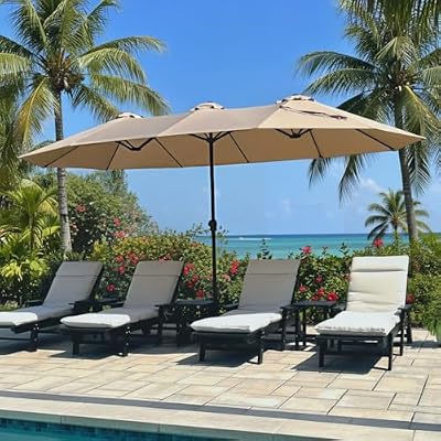 PHI VILLA 15ft Large Patio Umbrellas with Base Included, Outdoor Double-Sided Rectangle Big Market Umbrella with Stand, Outside Umbrellas for Poolside Lawn Backyard, Beige
