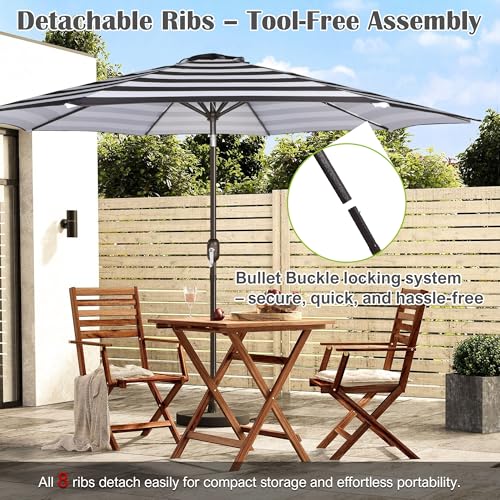 Image of Blissun 10FT Patio Umbrella, Outdoor Table Umbrella, Yard Umbrella, Market Umbrella with 8 Sturdy Ribs, Push Button Tilt and Crank, Black & White Stripe