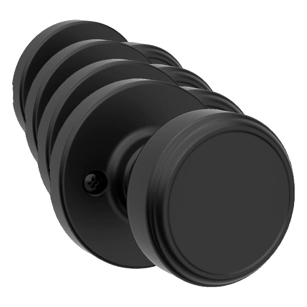 Kwikset Maven Interior Passage Door Knob, Handle for Closet and Hallway Doors, Round Non-Locking Doorknob in Matte Black, with Microban Protection (Pack of 4)