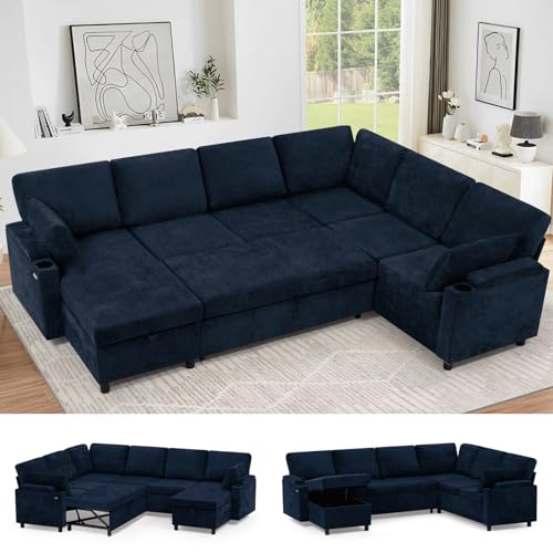 Image of 110 inch Chenille Reversible Sectional Sofa w /Pull Out Bed & Storage Chaise, U Shaped Couch w /Storage Armrests & Cup Holders,Corner Sofa w /USB Charging Port & Throw Pillow for Living Room, Blue