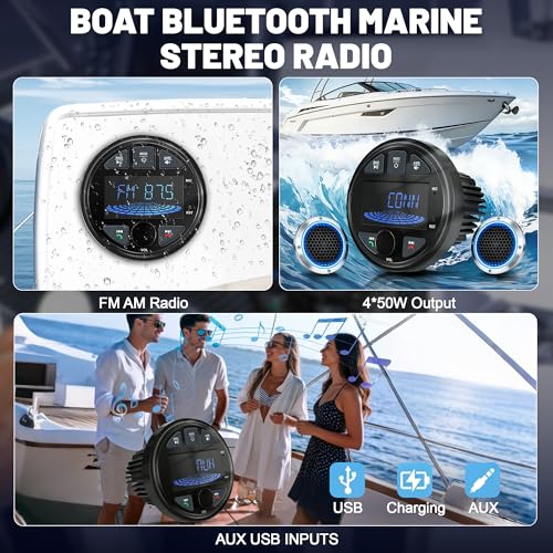 Image of 3 Inch Marine Radio Bluetooth Stereo Audio Waterproof Boat Radio FM AM USB | LEXXSON LCD Display Golf Cart Marine Stereo Receivers Audio Systems for RV UTV Yacht AUX Subwoofer Black