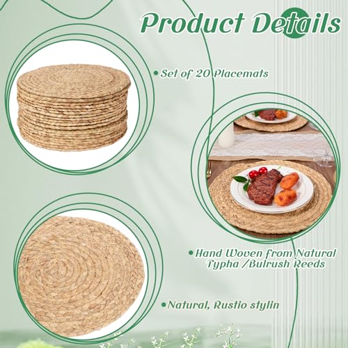 Image of FoldTier 20 Pcs Round Placemats Bulk Plate Chargers Set 11.8 Inch Woven Placemat Rustic Braided Straw Rattan Charger Natural Water Hyacinth Place Mat for Wedding Party Table Single Tableware Use
