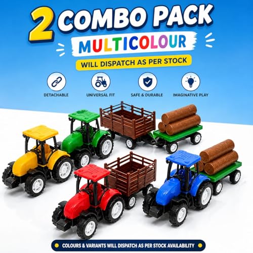 Image of Pull Back Farm Tractor Toy Set for Kids (2-7 Years) - 2 Friction Power Tractors with Detachable Trailer | Farming Play Set | Return Gift Toy Combo for Kids &Toddler | Educational & Role Play Set