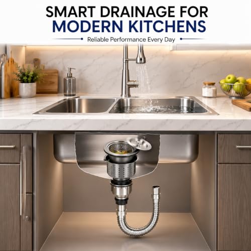Image of ZAP NovaFlow 4 Inch Kitchen Sink Waste Coupling with Under Basket & Flexible Drain Hose | PVC Drain Kit with Stainless Steel Jali | Leak-Proof Sink Drain for Kitchen