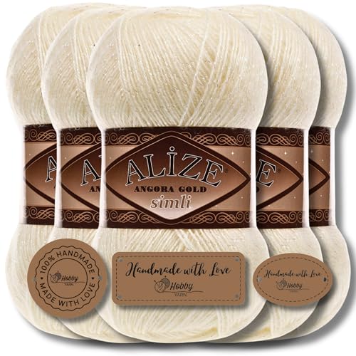 Hobby YARN 3 etiquetas de etiquetas con Alize Angora Gold Simli Glitter Lana Premium 5 x 100 g como juego, hilado, lana virgen, liso, hilo para tejer, tejer ropa (Candle Light – 67)