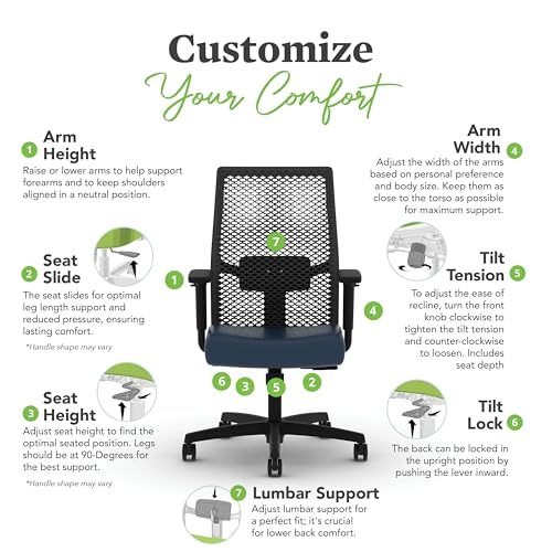 Image of HON Ignition 2.0 ReActiv Ergonomic Office Chair, Mesh Desk Chair with Lumbar Support, Synchro‑Tilt Recline, Height and Width Adjustable Arms, Swivel Wheels, Black Frame, Ocean