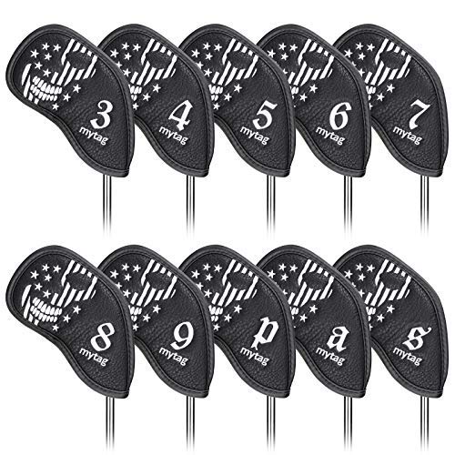 mytag Golf 10 Pieces Skull Skeleton Iron Wedge Head Cover Set Black Leather headcovers