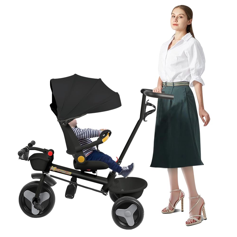 Tricycle Bébé évolutif 5 en 1 Vélo Poussette Bébé avec Siège Pivotant à 360°, Poignée de Poussée, Auvent Amovible, Ceinture de Sécurité à 3 Points, Rangement, 1 à 5 Ans (Noir, 5 en 1)