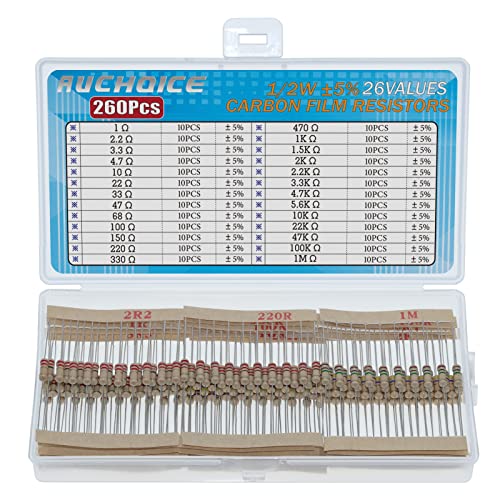 AUCHOICE 1 2W Carbon Film Resistor Kit 26 Values 5% Resistors Assortment 1 2.2 3.3 4.7 10 22 33 47 68 100 150 220 330 470 1K 1.5K 2K 2.2K 3.3K 4.7K 5.6K 10K 22K 47K 100K 1M Ohm Assorted Resistors