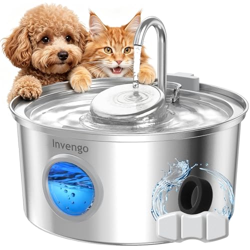 Image of Invengo Cat Water Fountain Stainless Steel, 108oz /3.2L Pet Fountain with Large Water Level Window, Ultra Quiet Automatic Cat Water Dispenser for Cats and Dogs, 2 Flow Modes, Splash-Proof Design
