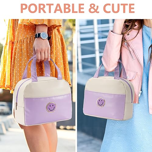 Lunch Bag Women Insulated Lunch Box Reusable Waterproof Lunch Tote Bag With Preppy Lunch Bag,Soft Leather Lunchbag For Travel Work Picnic (Purple&White) #TOP5