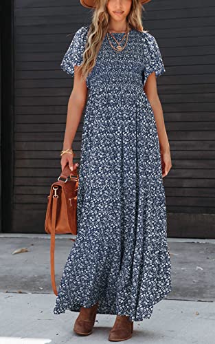Image of PRETTYGARDEN Women's 2026 Summer Casual Flutter Short Sleeve Boho Floral Maxi Dress Crew Neck Smocked Tiered Long Dresses