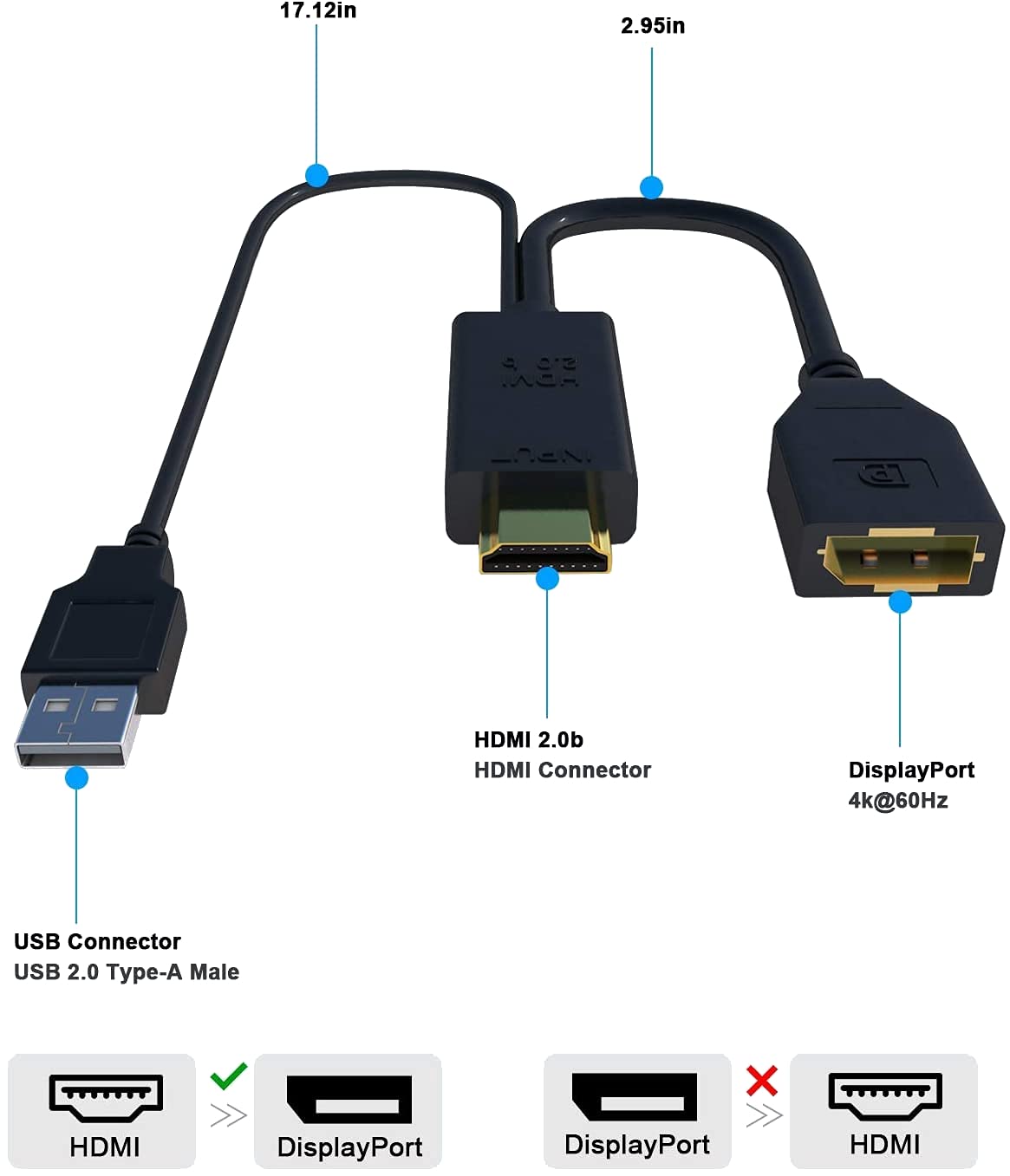 PremiumCord Adapter HDMI 2.0 do DisplayPort 1.2, Rozdzielczość 4K@60Hz 2160p Full HD 1080p, 3D, Kolor Czarny, Długość 25 cm