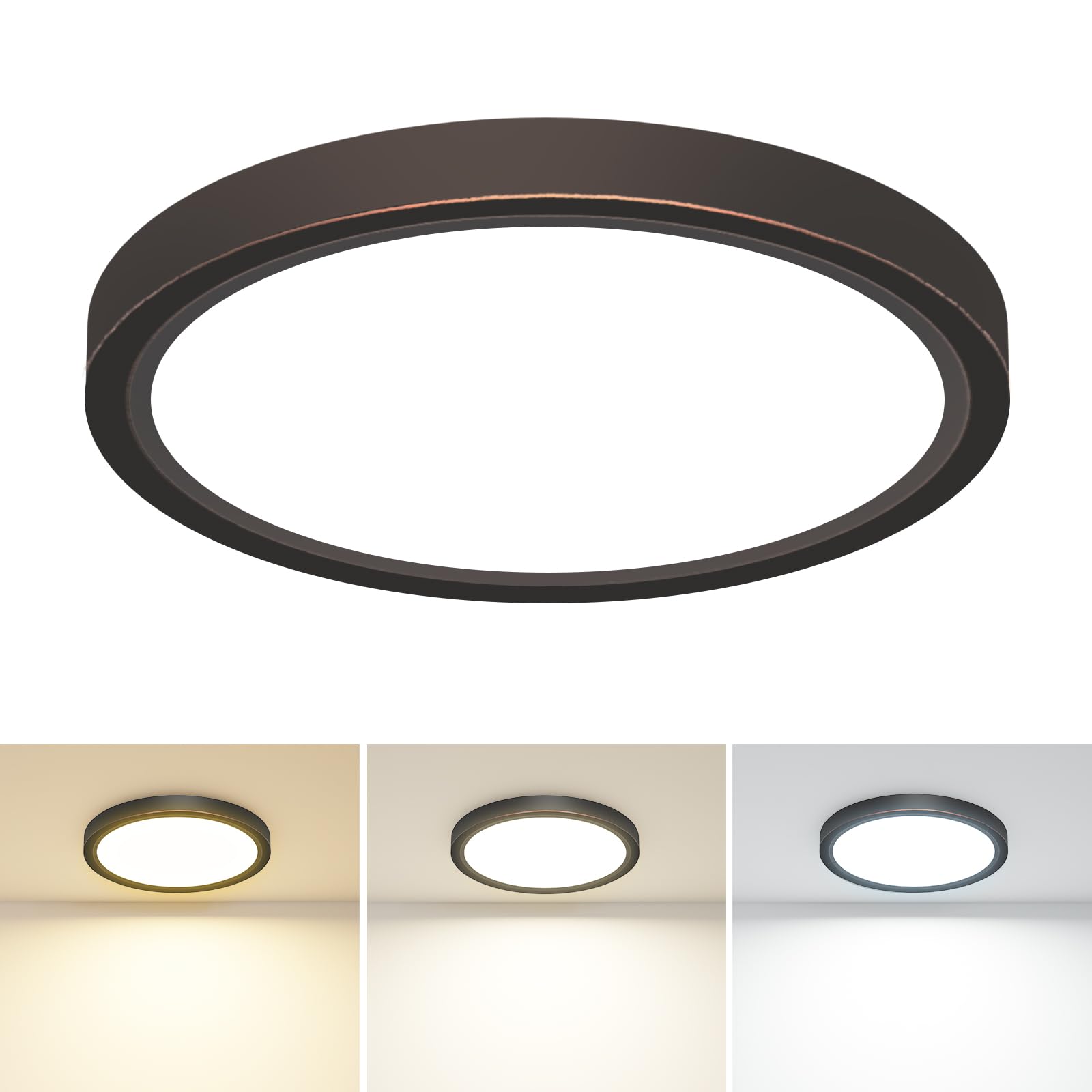 slochi Bathroom Light, 3000K/4000K/6500K 3 Color Temperature, Waterproof IP44, Small, Round, Modern, Flush Ceiling Light for Bathroom, Kitchen, Bedroom, HallwayØ18CM(Oil Rubbed Bronze)