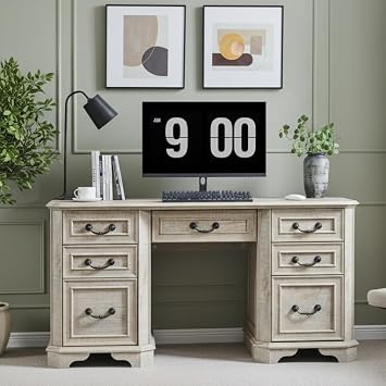 OKD 59-inch Rustic Style Executive Desk with Storage Drawers, Home Office Computer Desk with Keyboard Tray, Charging Station, File Cabinet for Work and Study, Light Rustic Oak