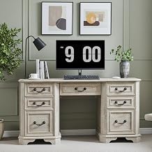 OKD 59-inch Rustic Style Executive Desk with Storage Drawers, Home Office Computer Desk with Keyboard Tray, Charging Station, File Cabinet for Work and Study, Light Rustic Oak