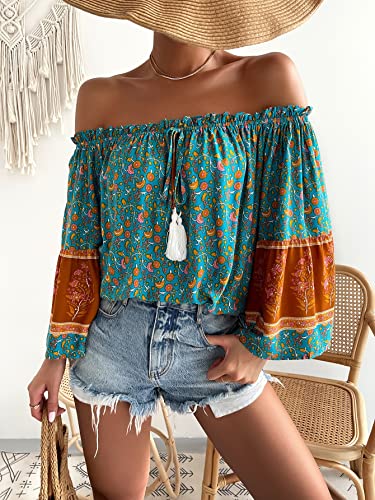 Romwe Women's Boho Tribal Print Off Shoulder Long Sleeve Knot Front Blouse Tops Green Allover Floral L #TOP2