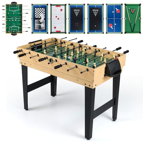 COSTWAY Multi Game Table, 10 in 1 Combo Game Tables with Football, Air Hockey, Table Tennis, Shuffleboard, Bowling and 4 Board Games, for Home Party Gathering (Natural+Black)