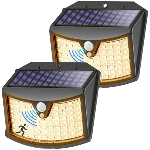 Giliwosy Luce Solare Led Esterno, 3 Modos IP65 Impermeabile Faretto LED da Esterno con Sensore di Movimento, Lampada Solare da Esterno per Giardino, Parete, Garage (2 Pezzi Bianco Caldo)