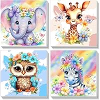 4 Pack Animal Paint by Number for Kids with Wooden Frame, Paint by Numbers for Kids Animals Ages 4-8-12, Easy Elephant Owl Giraffe Zebra DIY Acrylic Oil Painting Kits for Home Wall Decor (8X8 inch)