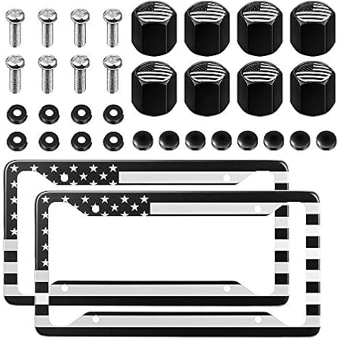 Universal USA Flag License Plate Holder Set, Vankcp Black Aluminum Alloy License Plate Frame, 2Pcs Patriotic License Plate Frame Matching with Screw Cover Set and Tire Valve Cover Set Cover