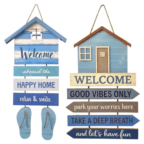 Décoration murale bord de mer en bois MDF set de 2 enseignes bleu blanc 66 cm