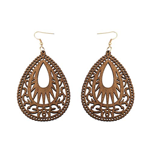 Bohemian Geometric Wood Earrings for Women Vintage Natural Wooden African Lightweight Teardrop Dangle Earrings Statement Boho Jewelry