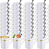 Bokon 100 Pcs Plastic Coffee Cup White Coffee Mug Bulks 8 oz Disposable Coffee Cup with Handle and Spoon Hard Plastic Tea Cup with Gold Rim Reusable Espresso Mug for Coffee Tea Cafe Milk Dessert Shop
