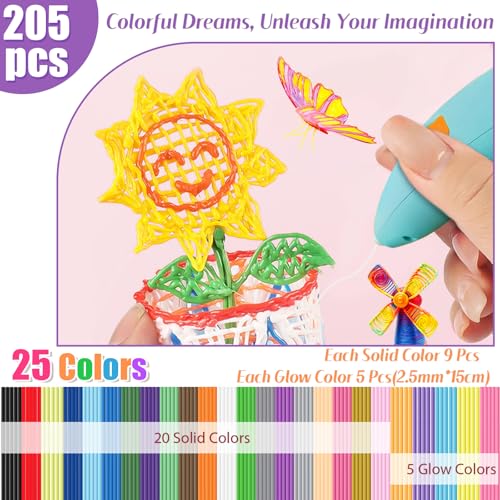 Image of 205Pcs PCL 2.5mm 3D Pen Printer Filament Refill for Start 3D Pen, 25 Colors Total 3075cm, Fit for 3Doodler Start+, Each Length 6 Inch