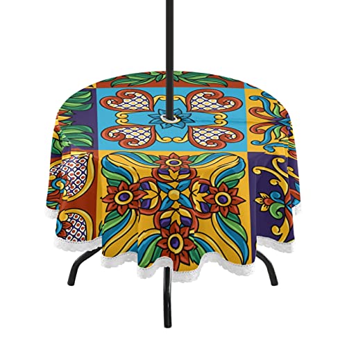 Qilmy Vintage Mexican Talavera Print Round Tablecloth 60In,Waterproof with Zipper Umbrella Hole Patio Table Cloths for Indoor Outdoor Backyard Parties Picnic BBQs